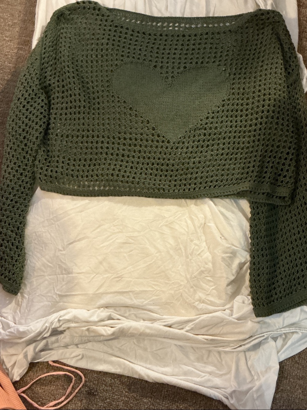 Cider Olive Open-Weave Heart Crochet Off-Shoulder Sweater